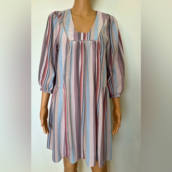 Knox Rose Dresses & Skirts - Knox Rose-Striped, Crochet Trim, Linen, Boho, Western, Baby Doll, Dress. Size-M